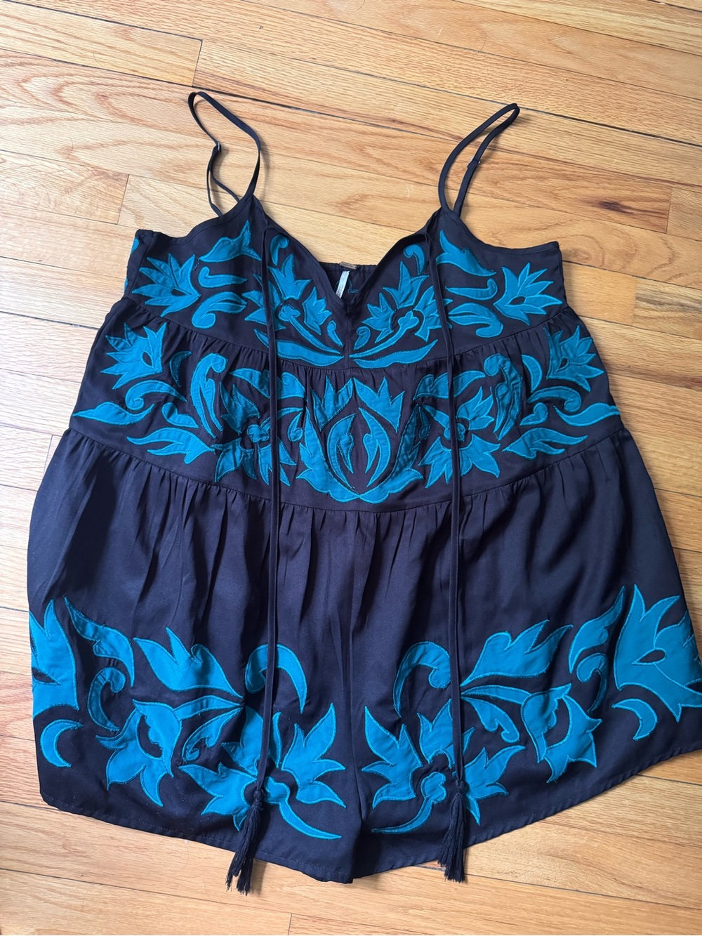 Free People Black Spaghetti-Strap Romper with Teal Embroidery